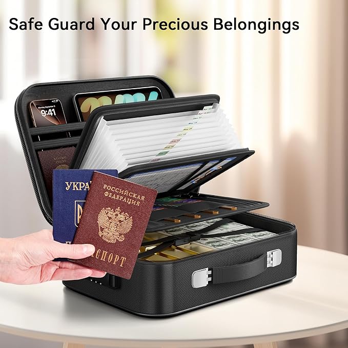 Fireproof Document Box, Hard Case Fireproof Box with Lock, Portable Hard-Shell Fireproof Water Resistant Document Safe for Important Documents, Laptops, Passports, Files and More