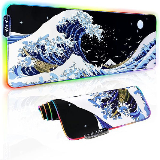 Gaming Laptop Mouse Pad,Sea Wave Big Mice Pads PC Keyboard Waterproof and Non-Slip 31.5 x 11.9 0.12" Thick XL,XXL Rubber Table Mat, RGB Led with 10 Lighting Modes+9 Color Changing Modes Mat