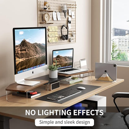 LED Dual Monitor Stand Riser for 2 Monitors,Office Desktop Wooden Stand Adjustable Length and Angle 3 Shelf,Extra Long Multifunctional Stand up to 44.4" for Computer,Laptop,TV,Walnut Finish