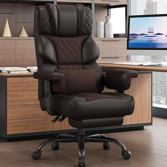 Vonesse Big and Tall Office Chair, Computer Chair with Soft Adjustable Armrests, Ergonomic High Back Gaming Chair with Lumbar Support, Executive Chairs with Footrest (PU Leather + Mesh Fabric,Brown)