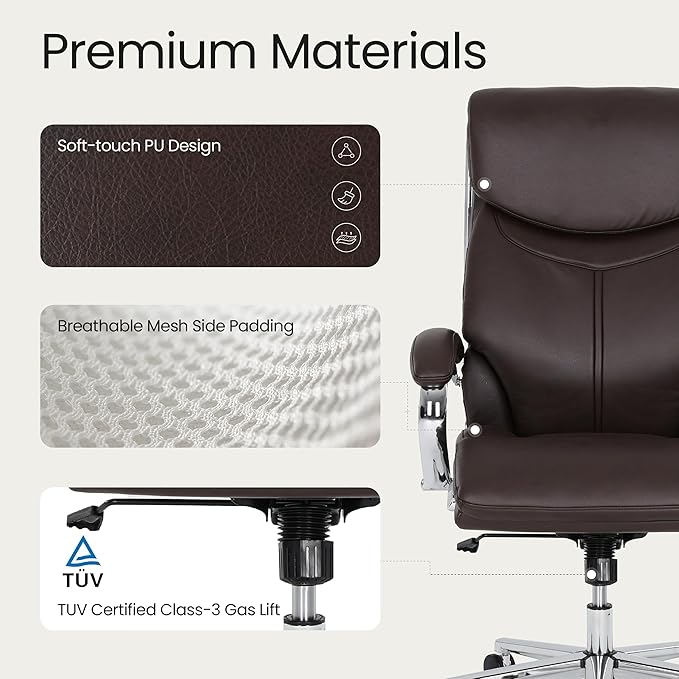 COLAMY Marcus Executive PU Leather Office Chair, High-Back Home Desk Chair Padded Seat & Back, Smooth-Rolling Casters – Luxury Ergonomic Desk Chair for Professional Workspaces (Brown)