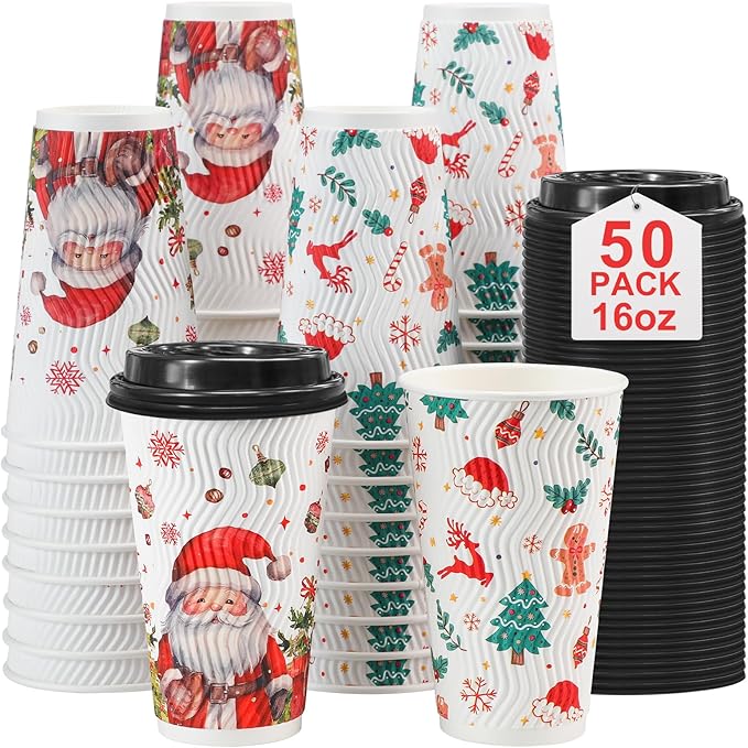 Lamosi 50 Pack 16 OZ Christmas Coffee Cups with Lids, Christmas Insulated To Go Coffee Cups, Hot/Cold Beverages Xmas Winter for Home Office Holiday Party