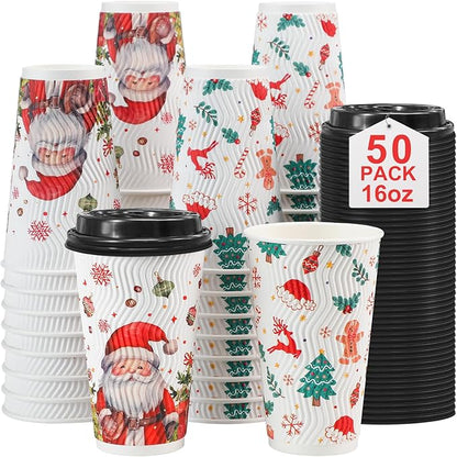 Lamosi 50 Pack 16 OZ Christmas Coffee Cups with Lids, Christmas Insulated To Go Coffee Cups, Hot/Cold Beverages Xmas Winter for Home Office Holiday Party
