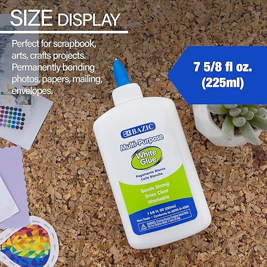 BAZIC Products Jumbo White Glue 7.62 Oz. (225 mL), All Purpose Adhesive Bond Photo DIY Craft Slime Making, for Office School Home Art Projects, 1-Pack
