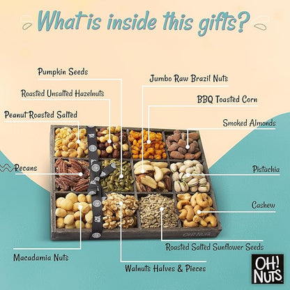 Oh! Nuts 12 Variety Nuts Gift Basket - Healthy Gift Baskets - Gourmet Assorted Nuts Tray - Gift Box for Holiday, Movie Night, Corporate, Families - Gift Ideas for Men and Women