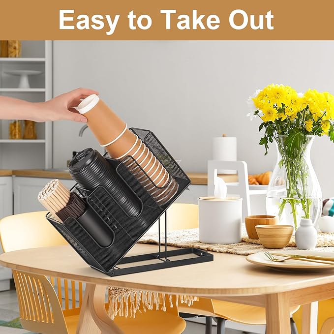 Disposable Coffee Cup Holder for Countertop, Paper Cup and Lid Holder Dispenser with Straw Organizer for Coffee Station Bar Restaurant Breakroom Office, Black