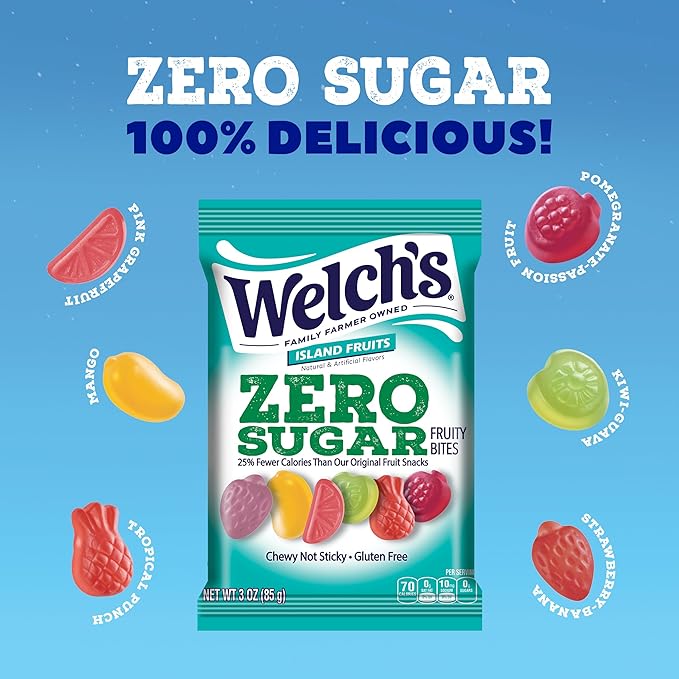 Welch's Zero Sugar Fruity Bites, Island Fruits Snack Pack, Gluten Free & Sugar Free Snacks, 3oz Snack Pack (Pack of 1)