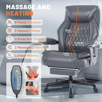 Massage Office Chair with Heating Function & Footrest, 6-Point Vibration, Ergonomic Executive Reclining Desk Chair with Padded Seat for Relaxation, Comfort & Stress Relief