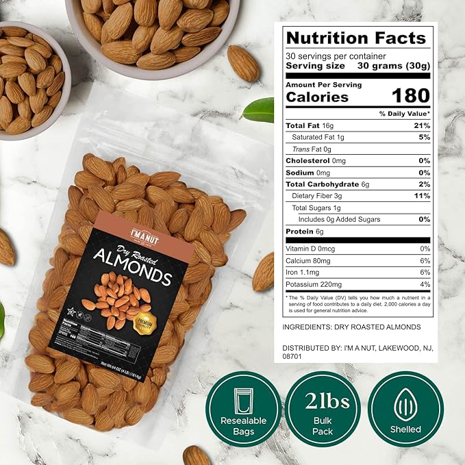 Dry Roasted Almonds Unsalted 32 oz (2 lbs) Batch Tested Gluten & Peanut Free | No Oil | Whole | No PPO | Non-GMO | No Herbicide | Healthy Protein Boost | Premium Quality | Try the difference