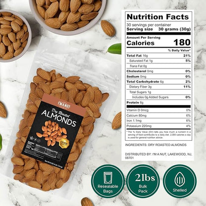 Dry Roasted Almonds Unsalted 32 oz (2 lbs) Batch Tested Gluten & Peanut Free | No Oil | Whole | No PPO | Non-GMO | No Herbicide | Healthy Protein Boost | Premium Quality | Try the difference