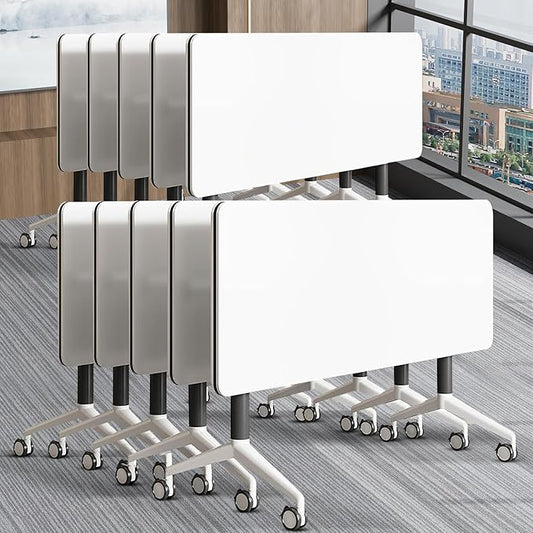 Conference Table, Folding Conference Room Table On Wheels Foldable Office Conference Table Moderen Modular Conference Training Table for Classroom Meeting(White Black 63IN 10PCS)