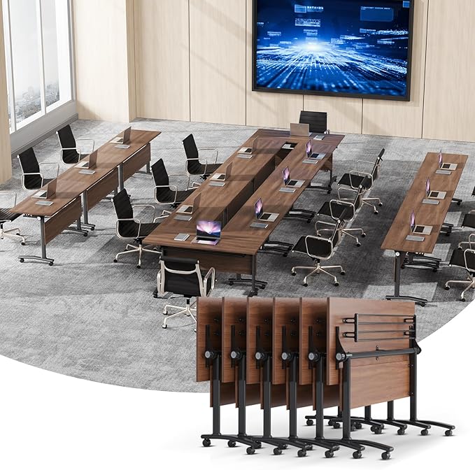 Conference Table, Foldable Conference Room Tables with Silent Wheels, Folding Modular Seminar Meeting Tables, Modern Rectangle Training Table for Office, Boardroom (6, Walnut, 55.1)