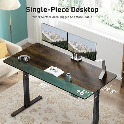 Pro 3 Stages Dual Motor 59 x 30 in Electric Standing Desk with One Piece Desktop, Adjustable Height, Sit to Stand Up Desk for Home Office, Work Study, Black Frame & Brown Desktop (2 Packages)
