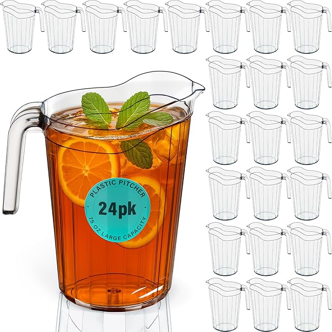 DecorRack 24 Pack - 75 oz Polycarbonate Plastic Pitcher Beverage Dispenser with Pour Spout Shatterproof Catering and Restaurant Serveware for Cold Drinks, Water, Lemonade, Beer, and Sangria (24 Pack)
