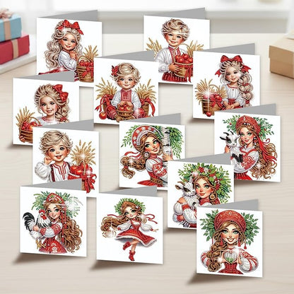 jinglinhh 12pcs Diamond Art Painting Boys and Girl in Red Greeting Cards with Envelopes, DIY Card Making Kits for Adults, Diamond Art Christmas Cards for Birthday Holiday Postcards Craft Gifts