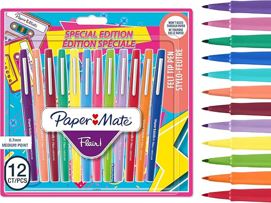 Paper Mate Flair Felt Tip Pens | Medium Point (0.7 mm) Marker Pens | Assorted Retro Colouring Pens | For Kids & Adult Colouring, Journalling & More | 12 Count