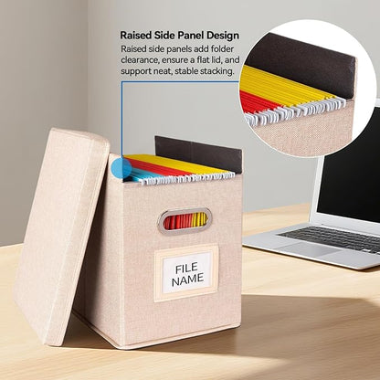 2 Pack Hanging File Folders Organizer with Lid, Letter Size Fabric File Storage Box Collapsible, Portable Office Document Holder with Metal Handle, Smooth PVC Rails, Beige