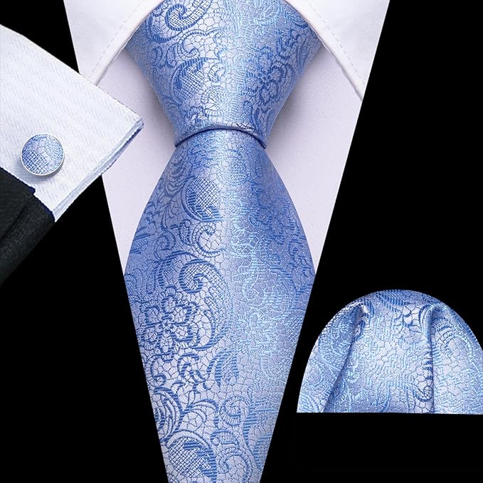 Barry.Wang Tie Sets for Men Silk Solid Necktie Stain Ties Handkerchief Pocket Square Cufflinks Wedding Business Dyed