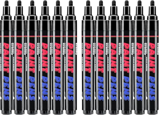 Black Paint Pens Paint Markers - 12 Pack Permanent Quick Dry Waterproof Marker Pens for Rocks Wood Fabric Plastic Canvas Glass Mugs Metal Tire Stone