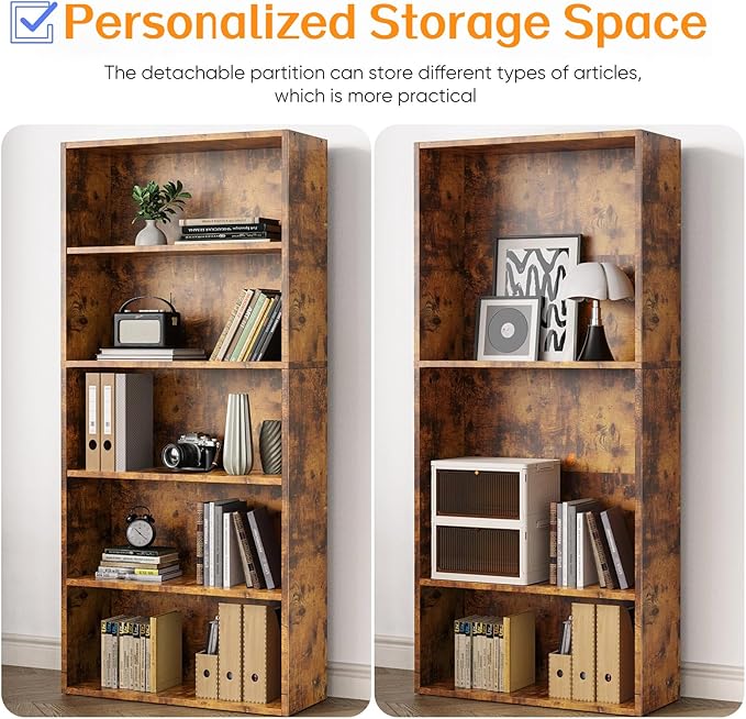 Bookshelf, 5 Tiers Wood Bookcase, 63 Inch Floor Standing Bookshelves, Open Storage Shelves for Books/Kits/Toys/CDs, Vintage Tall Shelf with Freestanding for Home Office Bedroom