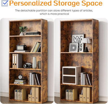 Bookshelf, 5 Tiers Wood Bookcase, 63 Inch Floor Standing Bookshelves, Open Storage Shelves for Books/Kits/Toys/CDs, Vintage Tall Shelf with Freestanding for Home Office Bedroom