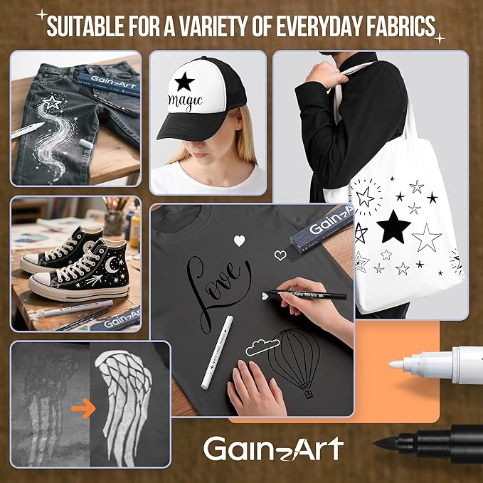 Fabric Marker for Clothes 2PCS - Wash-Resistant, No Bleed, Quick Dry Professional Dual Tip Pen - Permanent Paint for Clothing, Canvas Cover Stains - DIY Art Crafting White &Black