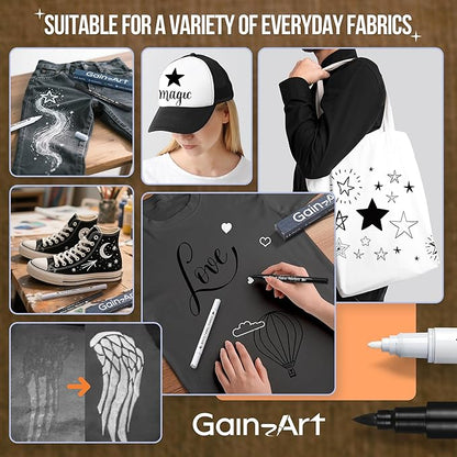 Fabric Marker for Clothes 2PCS - Wash-Resistant, No Bleed, Quick Dry Professional Dual Tip Pen - Permanent Paint for Clothing, Canvas Cover Stains - DIY Art Crafting White &Black