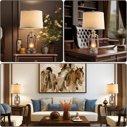 RORIANO Farmhouse Rustic Table Lamps for Living Room Set of 2,Vintage Lantern Table Lamp with Dual USB Ports, 25" Tall Retro Bedside Lamp for Bedroom Nightstand, 4 Bulb Included (Iron Gray)