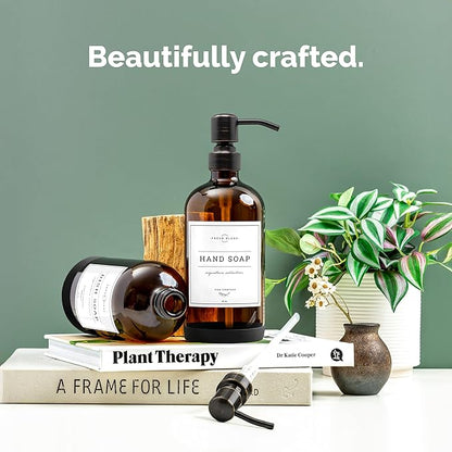 Vine Creations Amber Glass Soap Dispenser, 2 Pack Kitchen Soap Dispenser Set with Stainless Steel Pump, 16 oz Dish Soap and Hand Soap Dispensers for Bathroom with Waterproof Labels