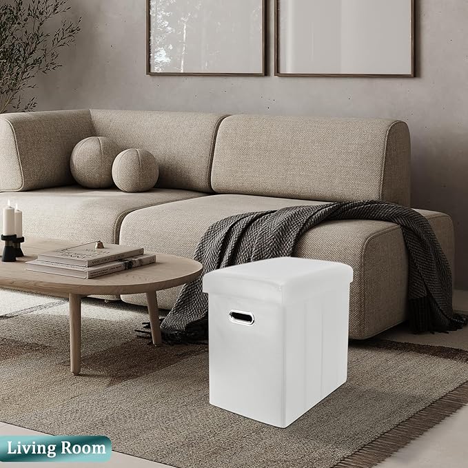 Tall Ottoman with Storage, Faux Leather Collapsible Slim Folding Ottoman Furniture with Handles Lid for Room Footrest Foot Stool, White 16.5x16.5x11.8in