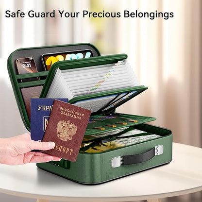 Fireproof Document Box, Hard Case Fireproof Box with Lock, Portable Hard-Shell Fireproof Water Resistant Document Safe for Important Documents, Laptops, Passports, Files and More (Green)