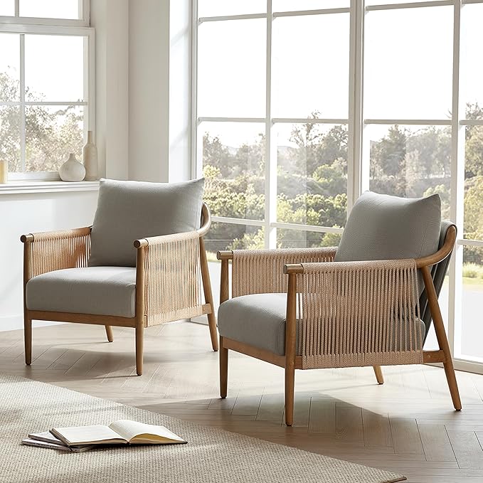 CHITA Braid Accent Chair Set of 2, Modern Armchair with Solid Wooden Armrest for Living Room and Bedroom, Boho Reading Chair, Light Grey