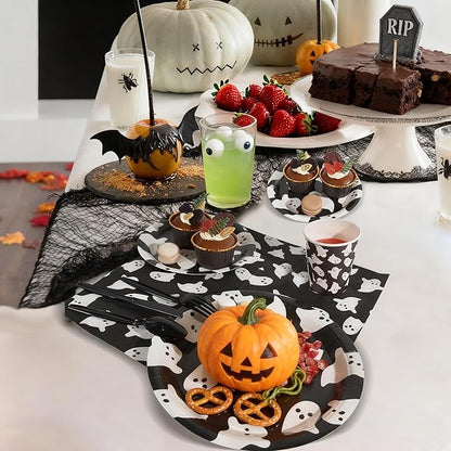 Halloween Disposable Party Tableware for 25 Guests,175pcs Disposable Tableware Set, Including Paper Plates,Paper Cups ,Knives, Forks, Spoons, Suitable for Party Supplies, Birthday Decorations，Black