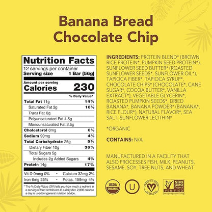 ALOHA Organic Plant Based Protein Bars - Banana Bread Chocolate Chip - 12 Count, 1.9oz Bars - Vegan Snacks, Low Sugar, Gluten-Free, Low Carb, Paleo, Non-GMO, Stevia-Free, No Sugar Alcohols