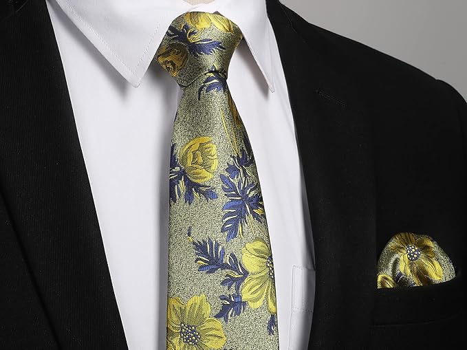 HISDERN Men Floral Ties Woven Classic 3.4" Necktie Set Formal Tie Pocket Square for Wedding with Handkerchief Gift Box