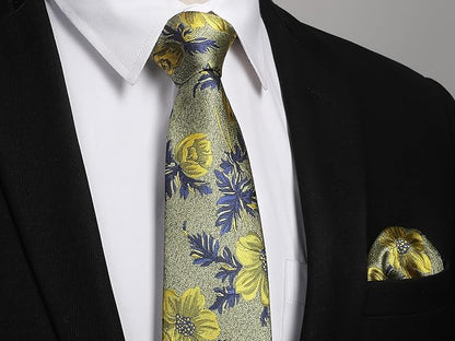 HISDERN Men Floral Ties Woven Classic 3.4" Necktie Set Formal Tie Pocket Square for Wedding with Handkerchief Gift Box
