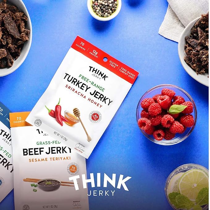 Think Jerky Sriracha Honey Turkey Jerky, High Protein Free-Range Turkey, Gluten Free, No Antibiotics or Nitrates, Healthy Chef Crafted Recipe, Low Calorie and Low Fat - 2.2 oz Bags, 8 Pack