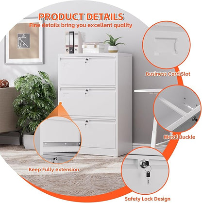 METAN Upgrade Metal 3 Drawer Lateral Files Cabinet for Home Office, Lockable Steel Wide File Storage Cabinet for Hanging Legal/Letter A4 Size, Assembly Required,White