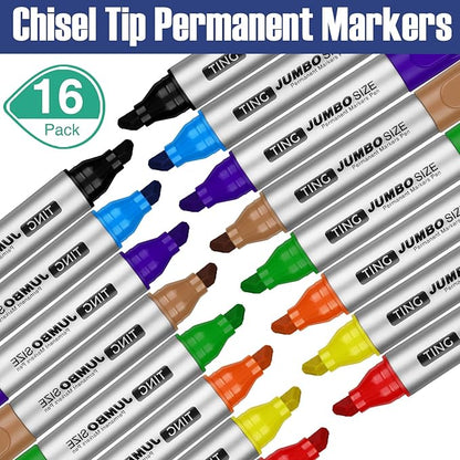Fuutreo 16 Pcs Jumbo Size Permanent Markers Bulk Large Chisel Tip Permanent Markers Thick Waterproof Jumbo Pens Set Huge Poster Supplies(Rainbow)