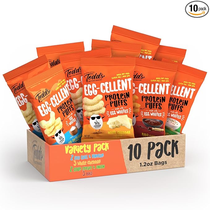 Todd's Better Snacks Egg-Cellent Protein Puffs, Variety Pack – 12g Protein, Gluten-Free, Paleo-Friendly, Baked, GLP-1 Compliant – Healthy Snack, Made with Egg Whites – 1.2 Oz (Pack of 10)