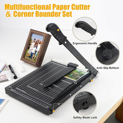 12" Heavy-Duty Paper Cutter, Guillotine Paper Trimmer, Portable Paper Cutting Machine with Corner Rounder, 12-Sheet Capacity Paper Slicer for Office, School, Cardboard, Crafts, Vinyl, Photo