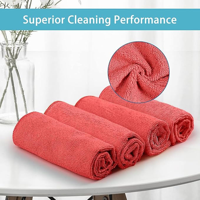 HOMEXCEL Red Microfiber Cleaning Cloth, 100 Pack Cleaning Towels for Kitchen, Lint Free, Scratch-Free, Highly Absorbent, and Reusable Cleaning Rags for House, Window and Glass, Cars, 11.5 X11.5 inch