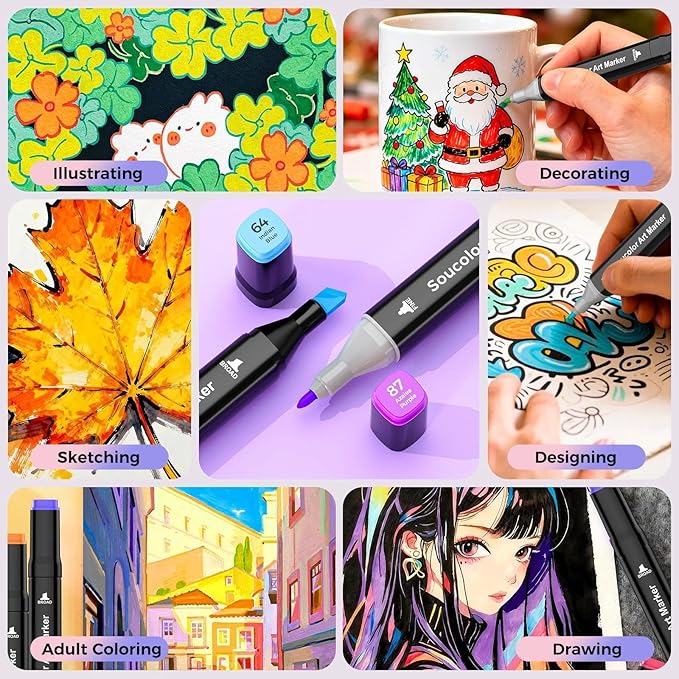 Soucolor Alcohol Markers 60 Colors with Case & Holders, Dual Tips Chisel & Fine Art Markers for Adult Coloring Kids Drawing, Artist Markers Art Supplies for Blending Sketching