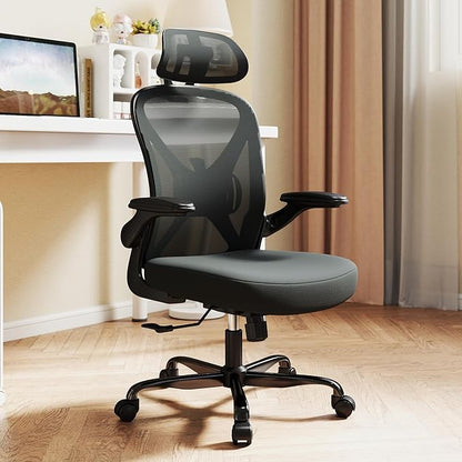 ZZH Ergonomic Office Chair with Adjustable Lumbar Support and Headrest, Mesh Home Office Desk Chair with Wheels and Flip-up Arms, Black