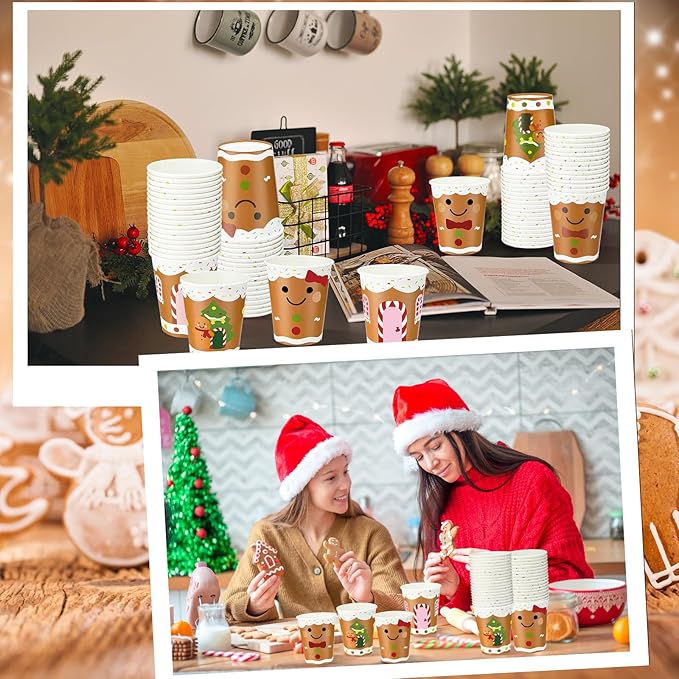 Funtery 100 Pieces Christmas Gingerbread Paper Cups Hot Chocolate Cups Xmas Disposable Coffee Cup Gingerbread Man Christmas Tree Candy Xmas 9 Ounce Drinking Tea Paper for Daily Use Holiday
