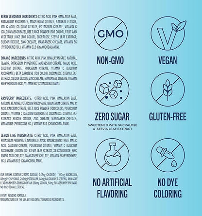TREVI™ Sugar Free Electrolytes - Drink Mix Hydration Powder Packets - 8 Count - Original Variety Pack - Berry Lemoande, Lemon Lime, Raspberry, Orange