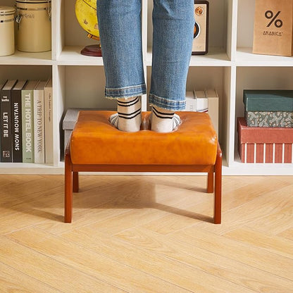 IBUYKE 10.2” H Small Foot Stool Ottoman, Rectangle PU Faux Leather Foot Rest with Padded Seat and Wood Legs, Modern Ottoman Foot Rest for Living Room Bedroom Couch Office, Yellowish-Brown WBD013J