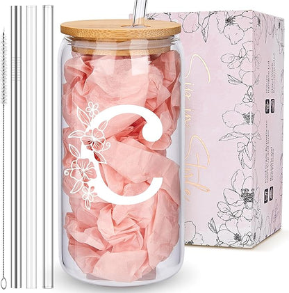 Personalized Tumbler, Monogrammed Can Glass Cups with Bamboo Lids and Straws, Customized Gifts for Women, Cute Design Initial Iced Coffee glasses, Custom Letter Mug, Birthday Bridesmaid, C