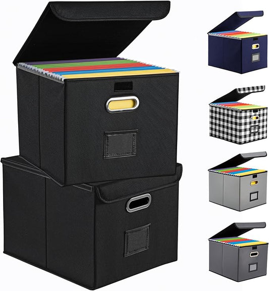 Collapsible File Box with Lid & Plastic Slide - Hanging Document Organizer for Office/Home, 14.96x12.6x10.83 Inch,Black, 2 Pack (No Folders Included)
