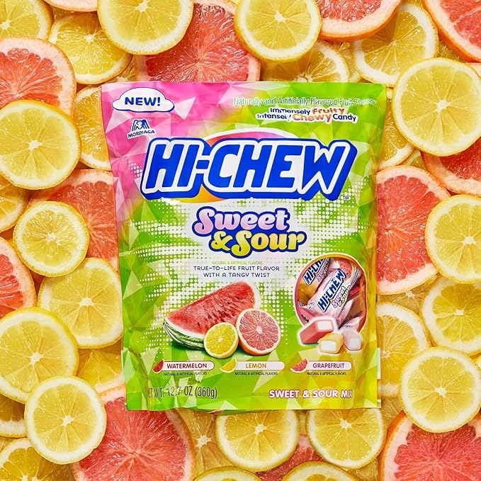 HI-CHEW Sweet and Sour Mix Bulk, Watermelon Lemon Grapefruit, 220+ Pieces, 4 Stand Up Pouches, 12.7oz each - Unique Fun Soft & Chewy Candy - Juicy Fruity Flavors - Individually Wrapped Candy
